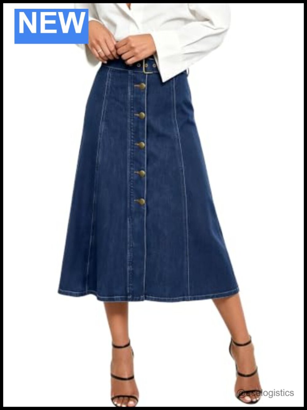 High Waist A-Line Denim Midi Skirt with Belt, Flared Long Jean Skirt